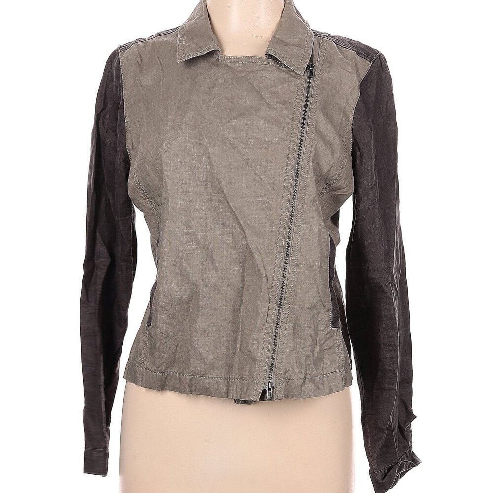 EILEEN FISHER Earthtones Colorblock Off-Side Zip Organic Linen Jacket Size L